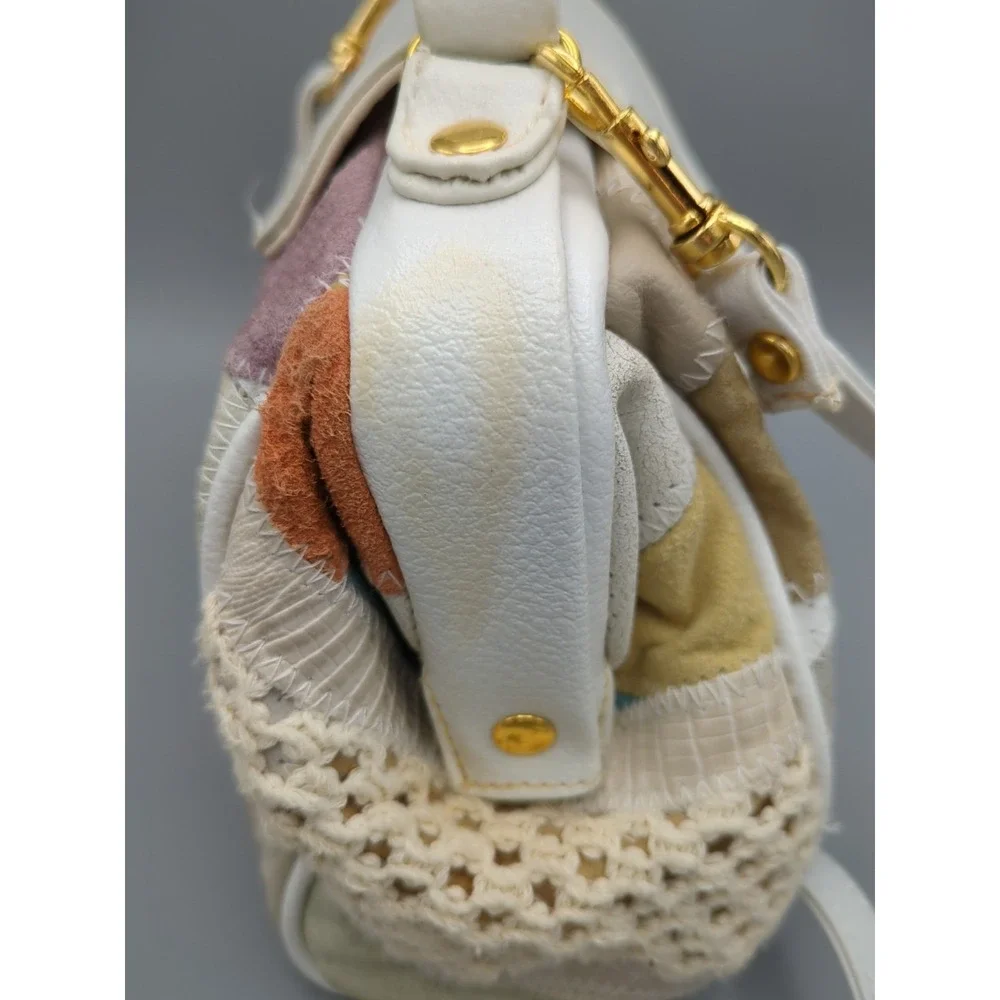 Vtg 80s White Pastel Patchwork Purse Leather Crochet‎ Shoulder Handbag Crossbody